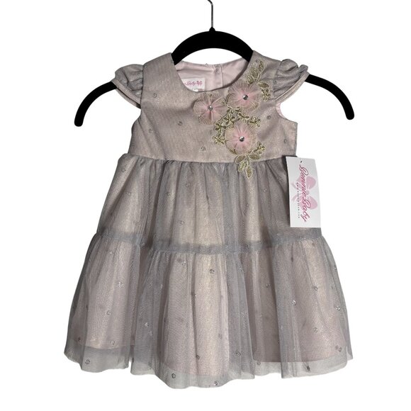 Bonnie Baby Pink & Silver Floral Embroidered Tulle Dress With Bloomers Size 18M - Picture 1 of 6